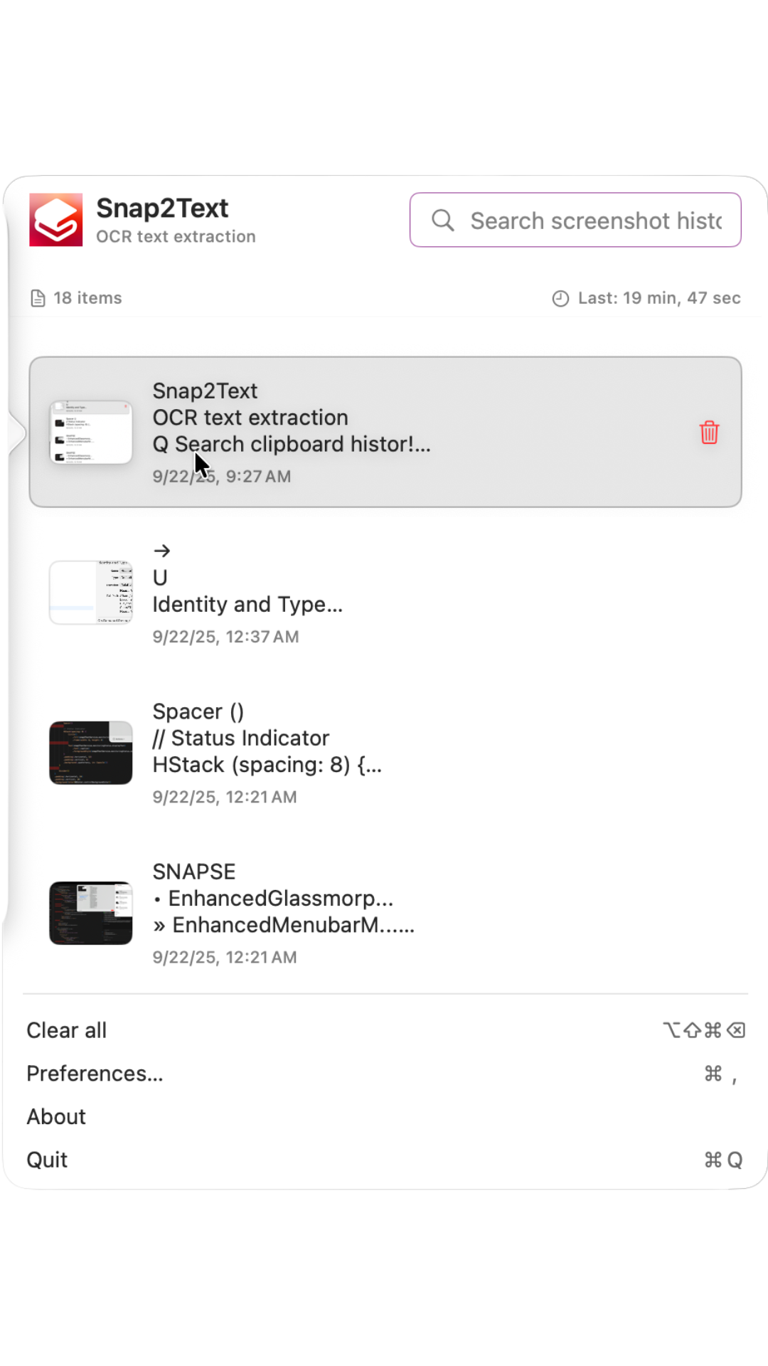 Snap2Text app interface showing OCR text extraction from screenshot with instant text recognition and editing capabilities
